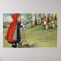 Red Hooded Girl Handing Eggs to Rabbits