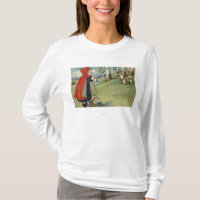 Red Hooded Girl Handing Eggs to Rabbits