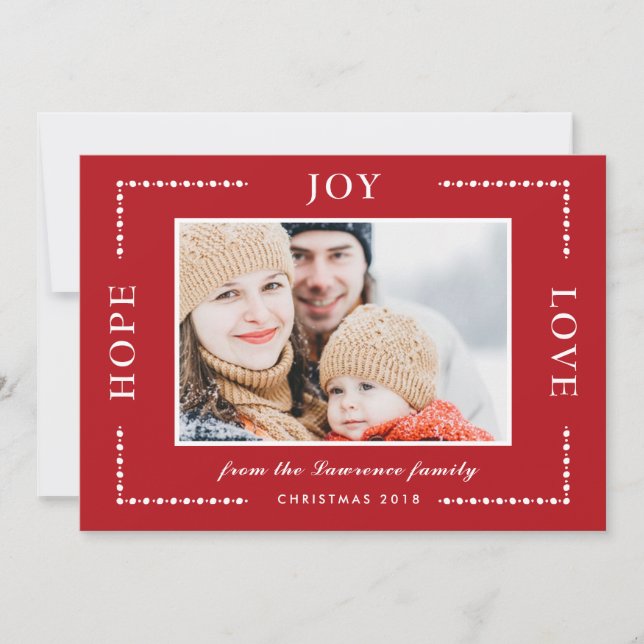 Red Hope Joy Love Christmas Photo Holiday Card (Front)
