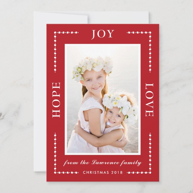 Red Hope Joy Love Modern Christmas Photo Holiday Card (Front)