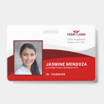 Red Horizontal Template Logo Employee Name ID Badge<br><div class="desc">Easily create your own personalised red employee name tags and badges on a classy DIY easy-to-use, modern template which enables you to simply insert your business photo, company logo, and any other important information. The classy wave design svg graphic allows you to change all 4 colours. While the clean design...</div>
