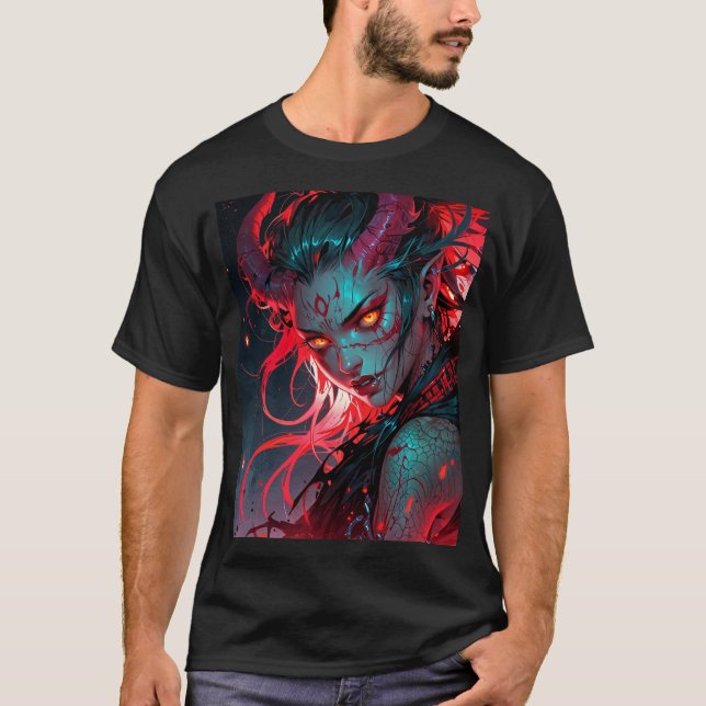 Red Horned Anime Girl T-Shirt (Front)