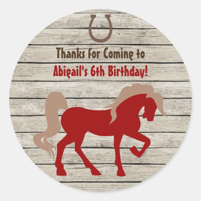 Red Horse and Barn Wood Girls or Boys Birthday Classic Round Sticker (Front)