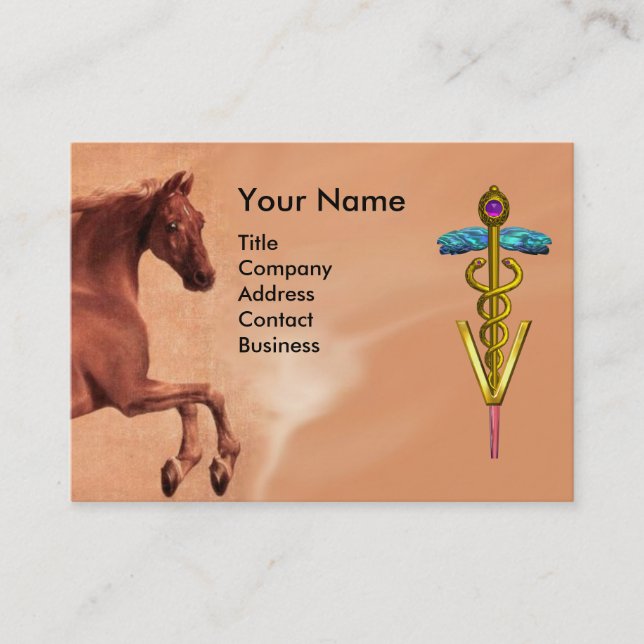 RED HORSE AND GOLD CADUCEUS VETERINARY SYMBOL BUSINESS CARD (Front)