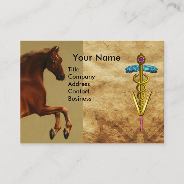 RED HORSE AND GOLD CADUCEUS VETERINARY SYMBOL BUSINESS CARD (Front)