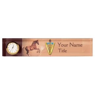RED HORSE AND GOLD CADUCEUS VETERINARY SYMBOL NAMEPLATE