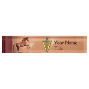 RED HORSE AND GOLD CADUCEUS VETERINARY SYMBOL NAMEPLATE
