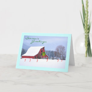Red Horse Barn in Winter, Seasons Greetings Holiday Card