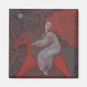 “Red Horse”, ginger woman, folk art, earth shades Magnet
