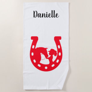 Red Horseshoe Girl and Horse Beach Towel