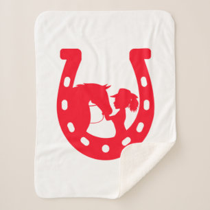 Red Horseshoe Girl and Horse Sherpa Blanket