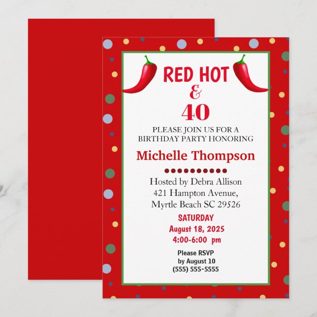 Red Hot and 40 Chilli Pepper  Birthday Invitations (Front/Back)