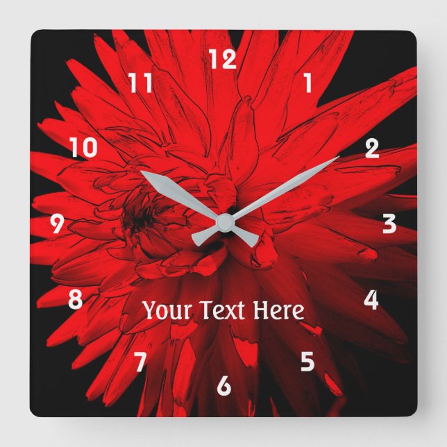 Red Hot Dahlia Flower Personalised Square Wall Clock (Front)