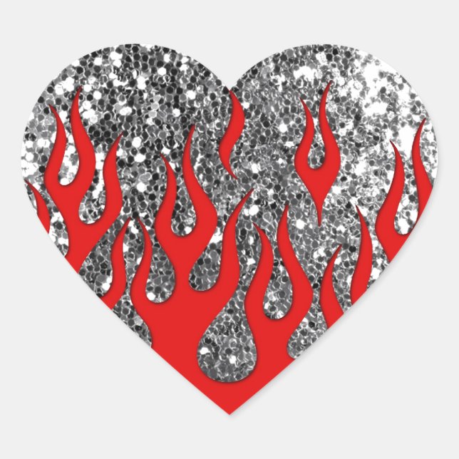 Red Hot Flames on Silver Glitter Look Heart Sticker (Front)