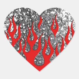 Red Hot Flames on Silver Glitter Look Heart Sticker