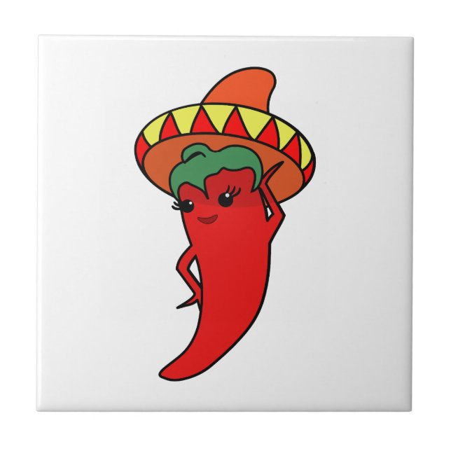 Red Hot Kawaii Pepper Diva Mexican Sombrero Tile (Front)