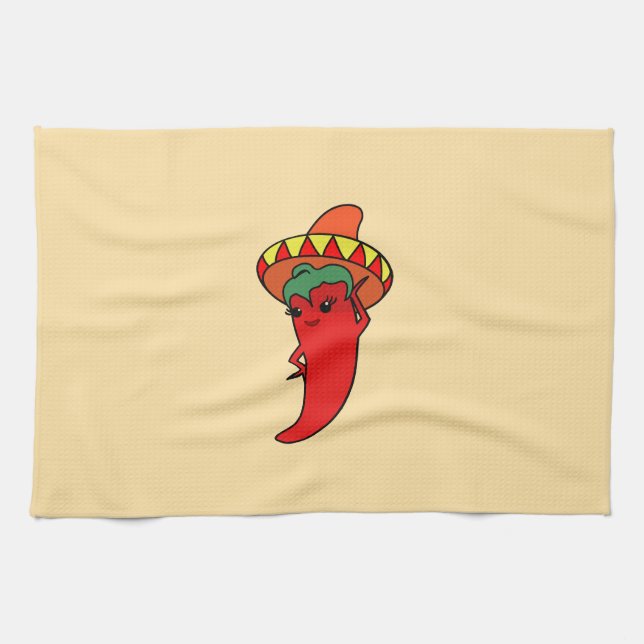 Red Hot Kawaii Pepper Diva Tea Towel (Horizontal)