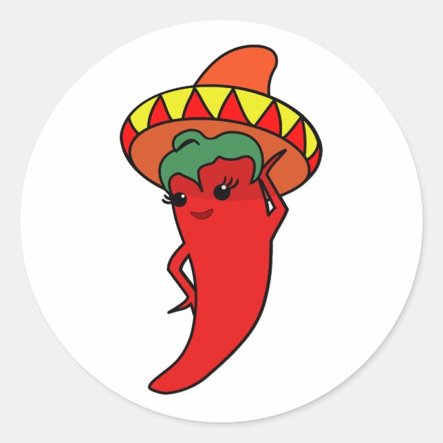 Red Hot Pepper Diva Mexican Sombrero Classic Round Sticker (Front)