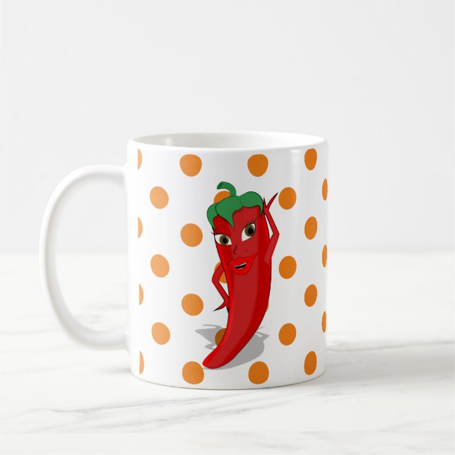 Red Hot Pepper Diva Orange Polka Dots Coffee Mug (Left)