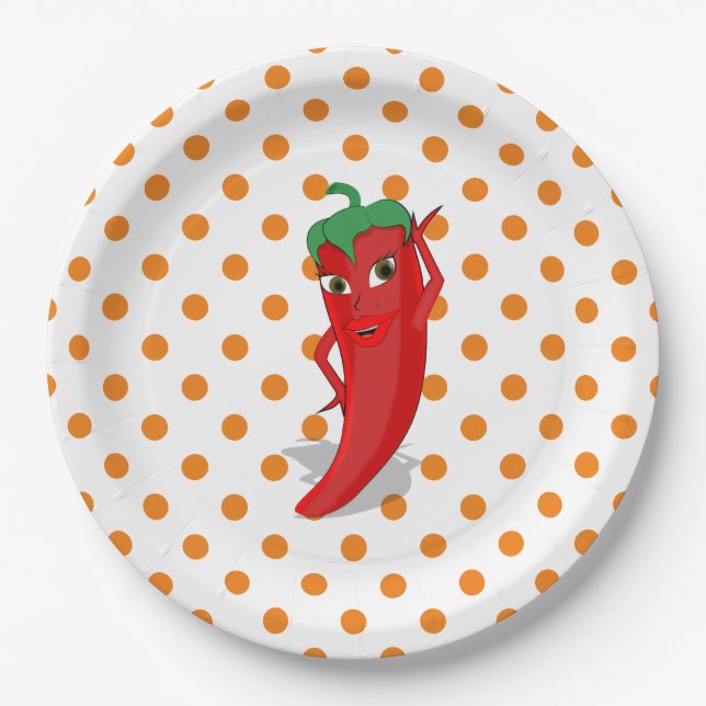 Red Hot Pepper Diva Orange Polka Dots Paper Plate (Front)