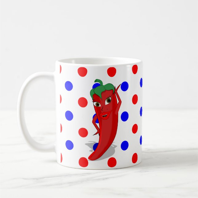 Red Hot Pepper Diva Red Blue Polka Dots Coffee Mug (Left)