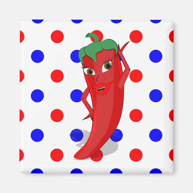 Red Hot Pepper Diva Red Blue Polka Dots Magnet (Front)