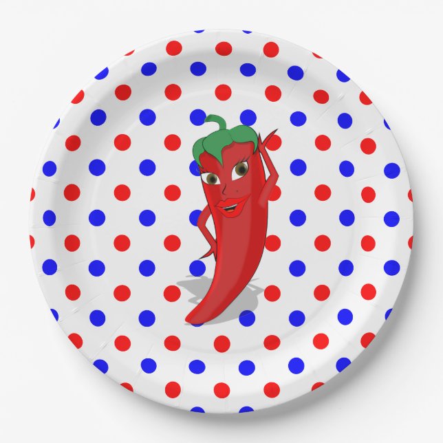 Red Hot Pepper Diva Red Blue Polka Dots  Paper Plate (Front)