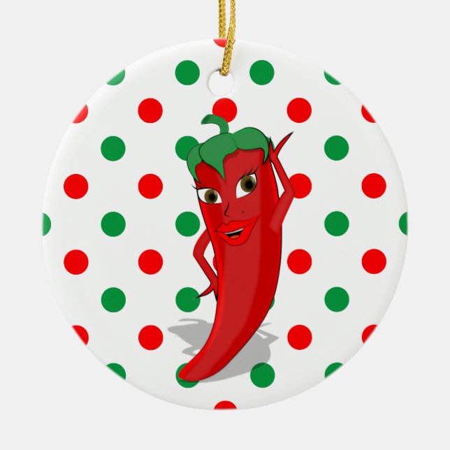 Red Hot Pepper Diva Red Green Polka Dots Ceramic Tree Decoration (Front)