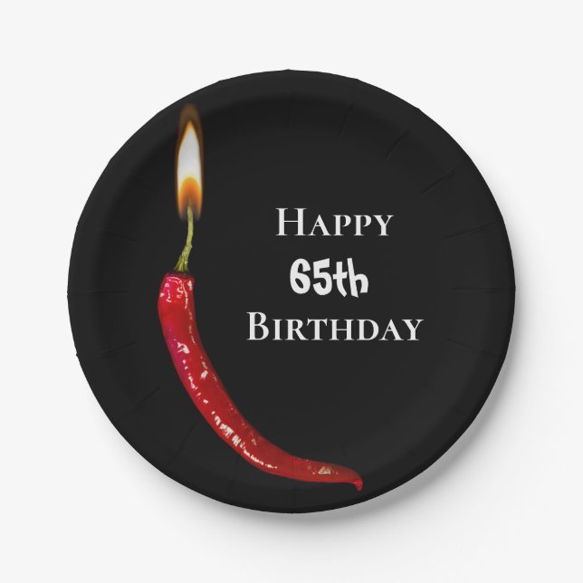 red hot pepper with candle flame 65th birthday paper plate (Front)
