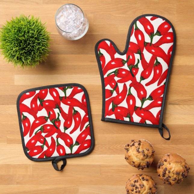 Red Hot Peppers Spicy  Oven Mitt & Pot Holder Set (Top Down)