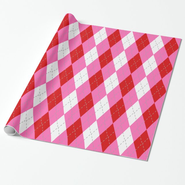 Red Hot Pink Dk Grey Wht XL Argyle Wrapping Paper (Unrolled)
