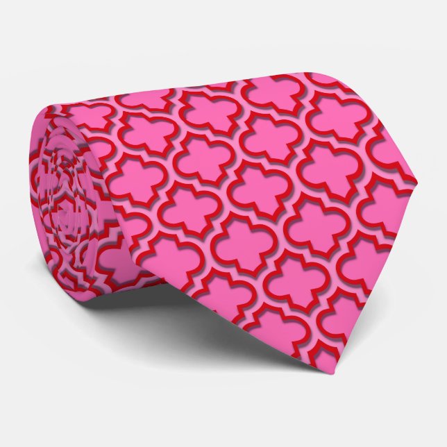 Red Hot Pink Moroccan Quatrefoil Pattern #5DS Tie (Rolled)