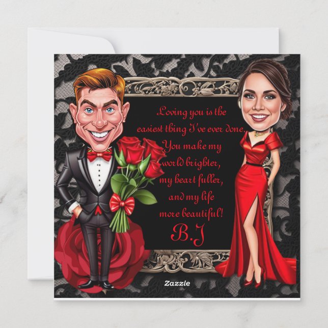 Red Hot Valentine Caricature Lovers Holiday Card (Back)