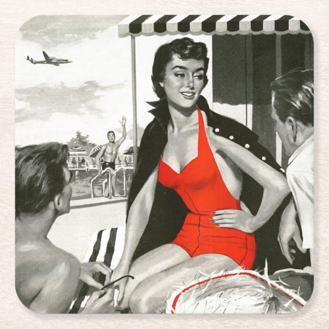 Red Hot Woman Square Paper Coaster (Front)