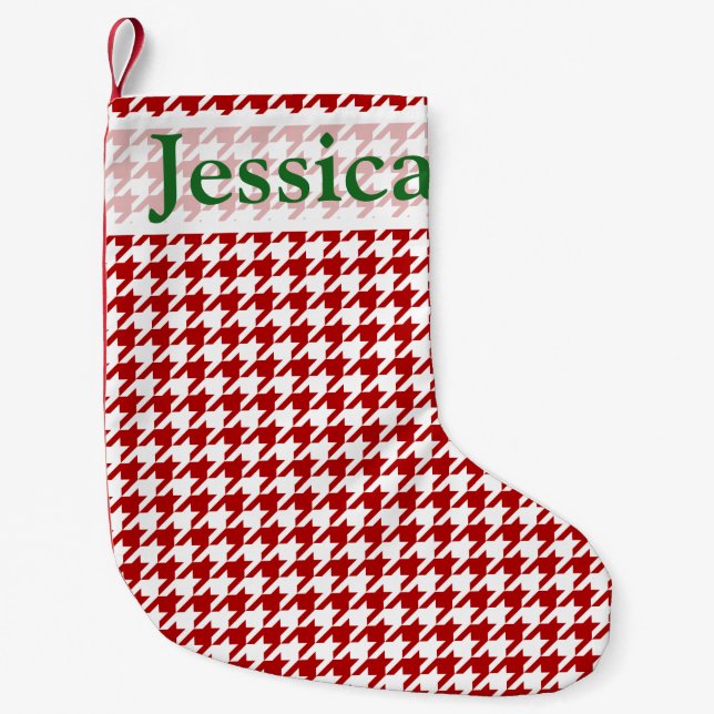 Red Houndstooth Custom Monogram Christmas Stocking (Front)