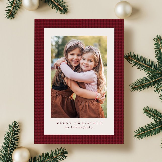 Red houndstooth frame classic Christmas photo Holiday Card (Creator Uploaded)