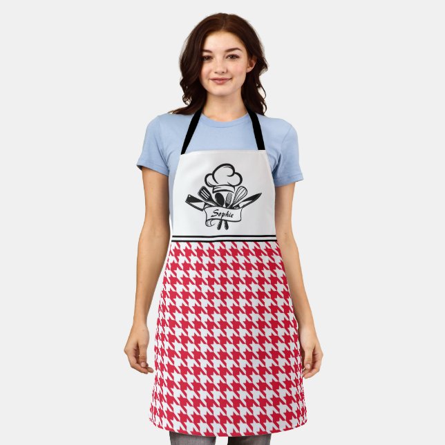 Red Houndstooth Personalised Apron (Worn)