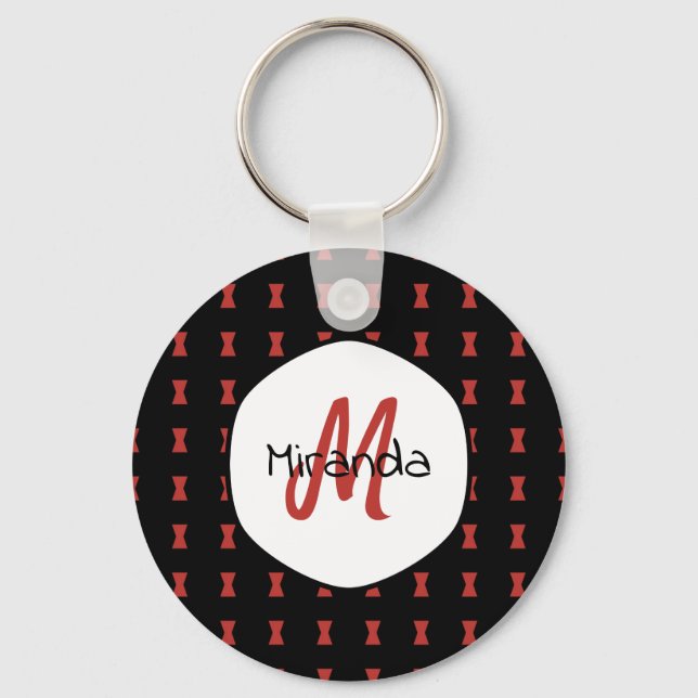 Red Hourglass Black Widow Pattern Monogrammed Name Key Ring (Front)