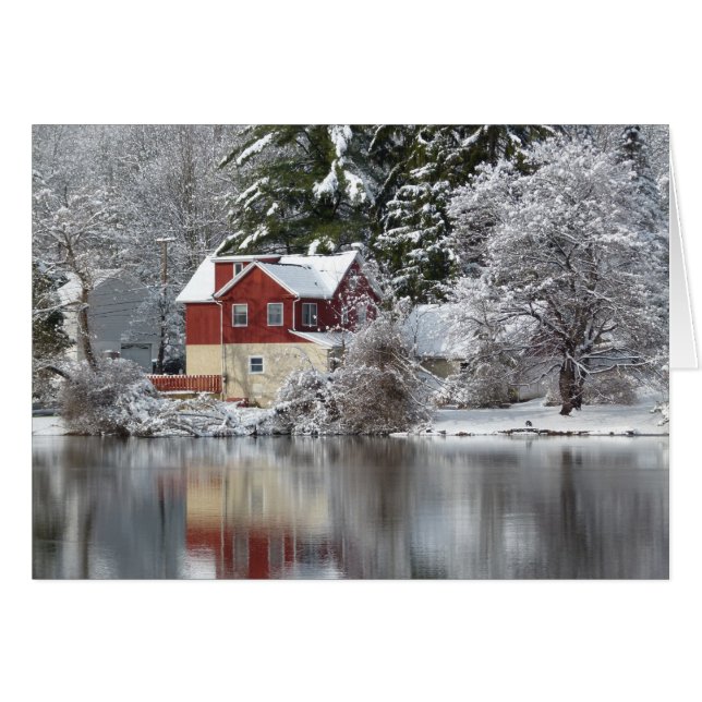 Red House & Lake in Winter Blank Inside Photo Card (Front Horizontal)