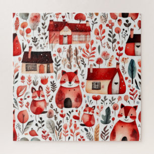 Red houses and houses cute Paper Sheet Jigsaw Puzzle