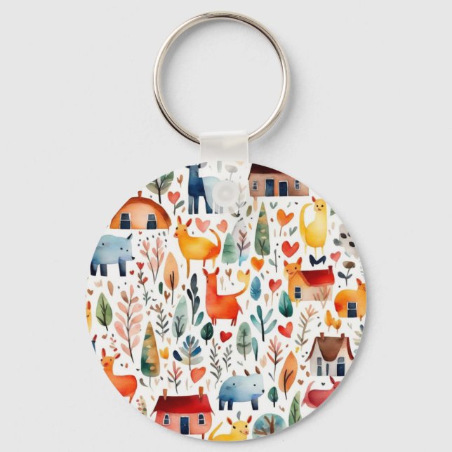 Red houses and houses cute Paper Sheet Key Ring (Front)