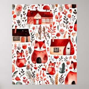 Red houses and houses cute Paper Sheet Poster