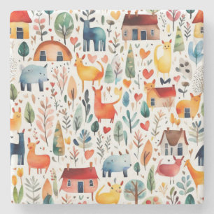Red houses and houses cute Paper Sheet Stone Coaster
