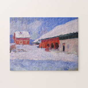 Red Houses Bjornegaard Snow Norway Monet Fine Art Jigsaw Puzzle