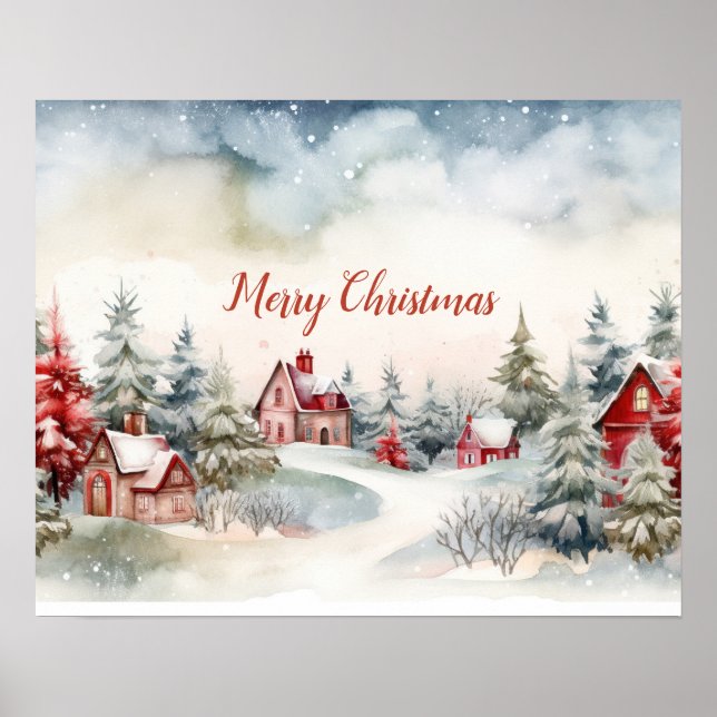 Red Houses Green Pine Trees Christmas Landscape Poster (Front)