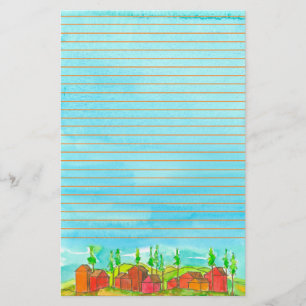 Red Houses Watercolor Lined Stationery