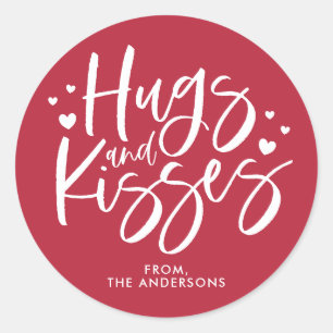 Red Hugs and Kisses Valentine’s Day  Classic Round Sticker