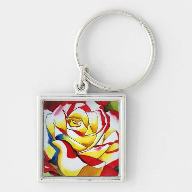 Red hybrid Tea Rose watercolor Flower Key Ring (Front)