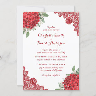 Red Hydrangea Floral Lace Wedding Invitation