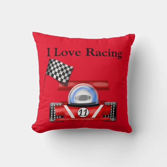 Red "I Love Racing" Throw Pillow w/Race Car & Flag (Front)